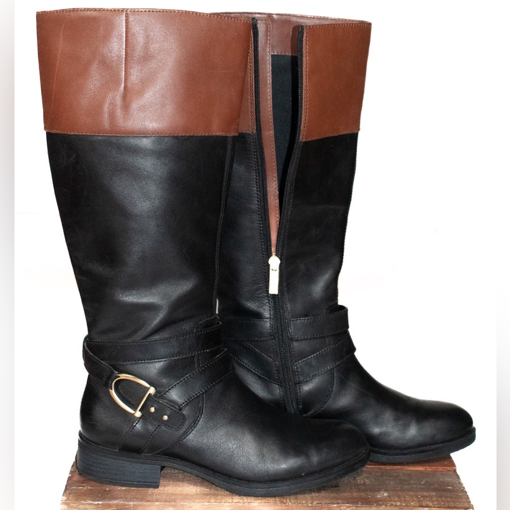 NWOB BANDOLINO BDTESSI Womens LEATHER BOOTS BLACK /COGNAC BROWN Gold HDW SZ 7.5